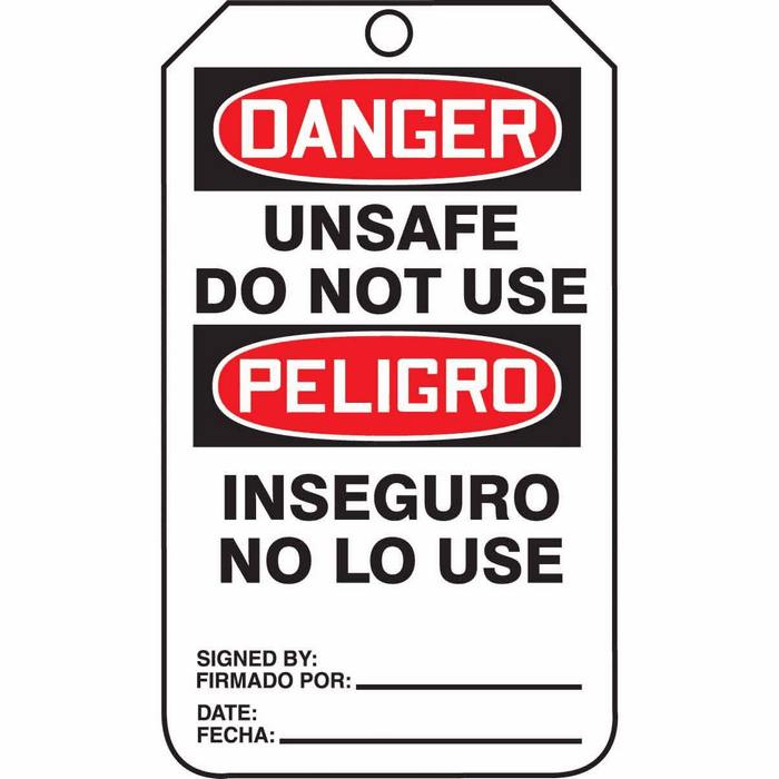 Tag Danger Unsafe Do Not Use bilingual Spanish 5 7 8 X 3 3 8 RV Plastic